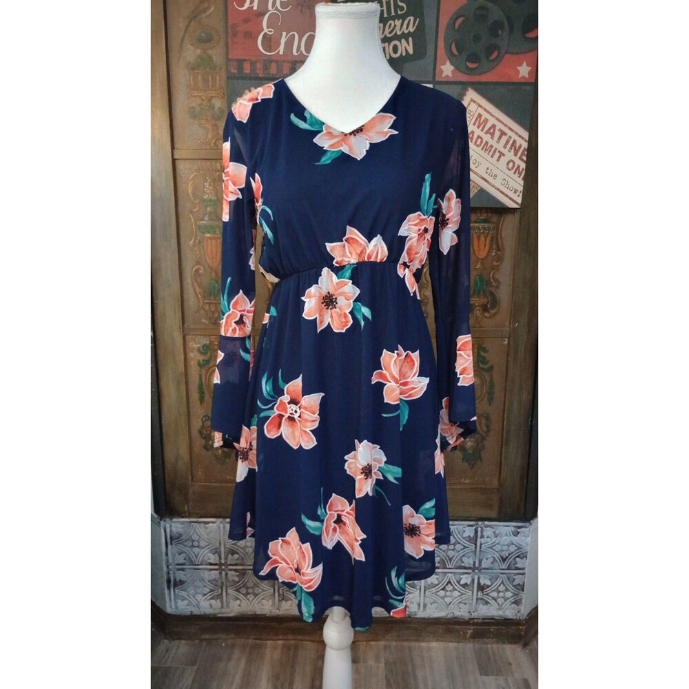 Navy Floral Chiffon V-Neck A-Line Dress Sz S Knee Length Long Bell Sleeves